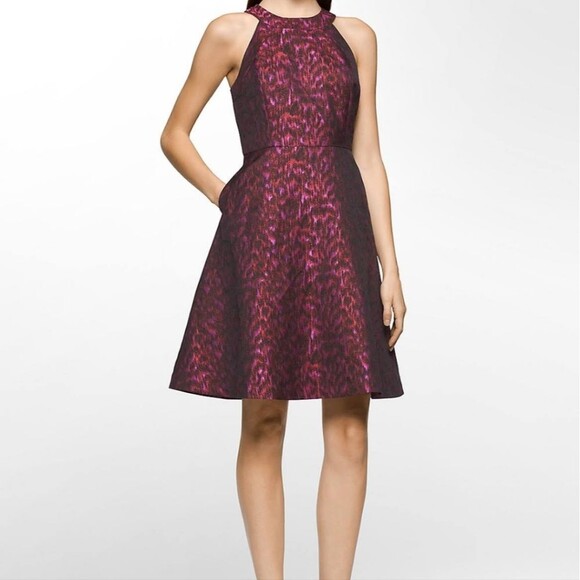 Calvin Klein Pink Red Jacquard Halter A Line Fit & Flare Cocktail Party Dress 2P - Picture 2 of 8